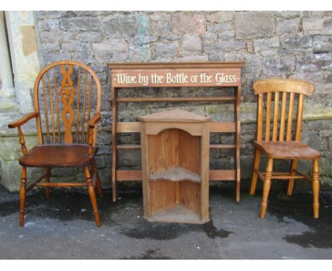 A wall mounted pine open shelving unit, with hand painted script 'Wine By The Bottle Or The Glass' approx 97cm wide x 98cm hi