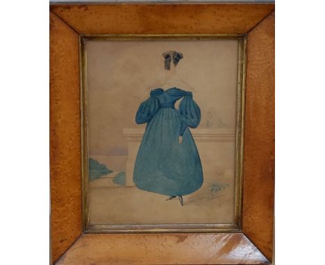 Collection of 19th century and later pictures and prints including a watercolour full length study of a young woman in a blue