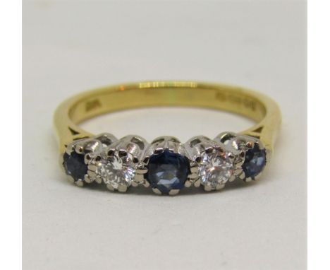 18ct five stone sapphire and diamond ring, size M/N, 3.6g