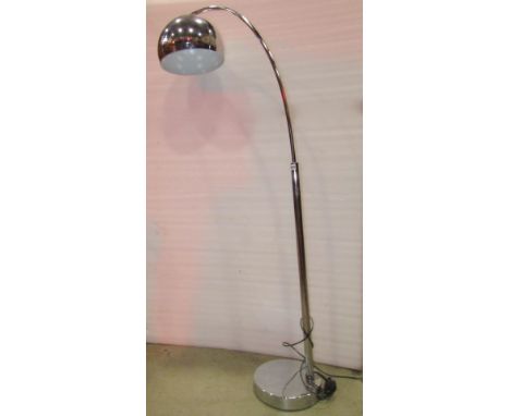 A contemporary modernist style standard lamp, with tubular swan neck, supporting a domed shaped, raised on a disk shaped plat