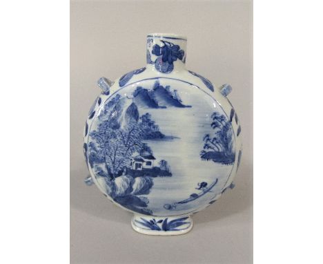 A Chinese vase of moon flask form with blue and white painted landscape panel to one side and text to the other, with six cha