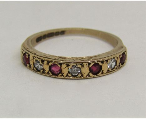 9ct ruby and diamond half hoop ring, size M, 2.2g