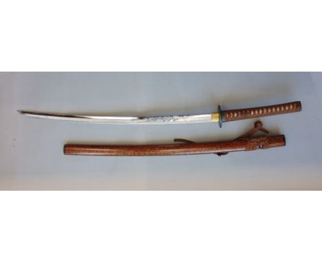 20th century Japanese Samurai sword with lacquered mother-of-pearl inlaid sheath, the blade engraved with a dragon