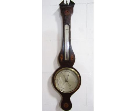 J H Burton of London, boxwood inlaid, mahogany banjo barometer/thermometer, inlaid with sunflowers and conche shells, with si