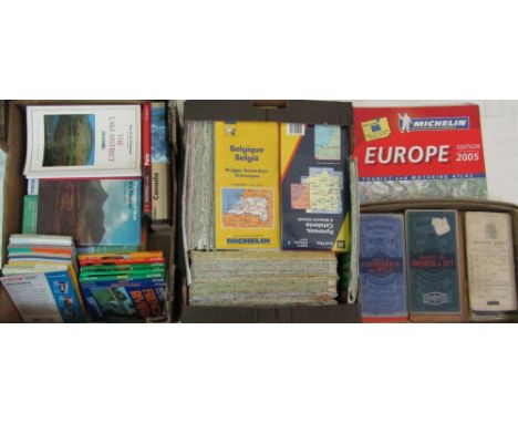 Three boxes of mixed ordnance survey maps, travel guides to include an extensive range of Michelin European and an interestin