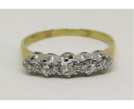 Five stone diamond ring in unmarked gold, size M, 2.6g