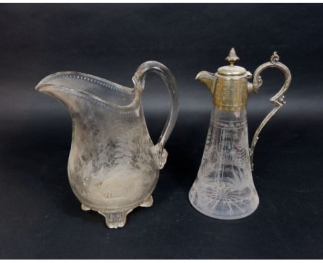 Cut glass claret jug with fern leaf detail and plated mounts, together with a large Victorian glass pitcher with fern leaf et