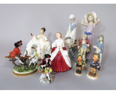 Two Royal Doulton figures, The Ermine Coat HN1981 and My Love HN2339, together with three Lladro figures of girls, a continen