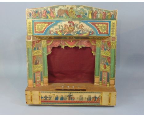 19th century toy theatre with Pollocks character scenery; wooden theatre has patterned stage front featuring guests in theatr