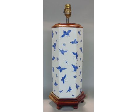 Chinese porcelain hexagonal vase converted into a table lamp, decorated with blue butterflies, 48cm high