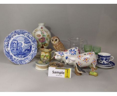 A collection of ceramics and glassware including two Arthur Wood pig money banks, an oriental figure of a seated woman, a Roy