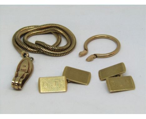 Pair of 9ct cufflinks monogrammed 'D.J.M', 6.7g, together with a yellow metal hoop? and a 9ct clip attached to a gilt metal c