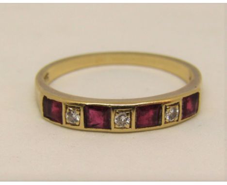 14ct half hoop ring set with alternating square cut rubies and round cut diamonds, size M, 2g