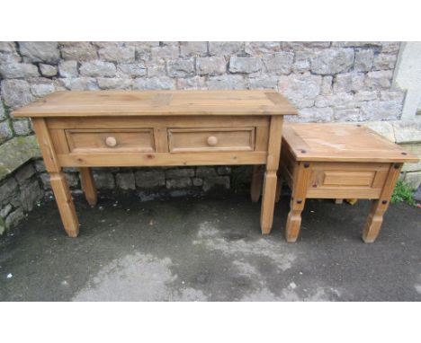 A low stripped pine side table fitted with two frieze drawers raised on four square cut and slightly tapered legs, together w