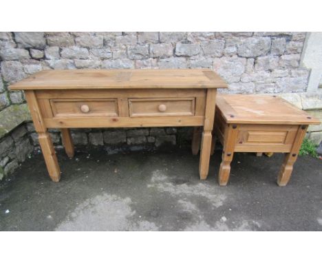 A low stripped pine side table fitted with two frieze drawers raised on four square cut and slightly tapered legs, together w