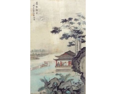 A coloured print of an oriental landscape with printed text, 68 x 38 cm approx, together with an  oil painting on canvas (20t