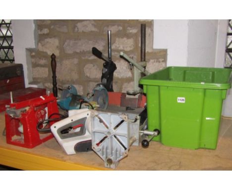 A Black &amp; Decker bench grinder, three drill presses, a small bench planer, belt sander, etc
