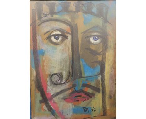 20th century school, mixed media stylised portrait of a male character with moustache possibly Salvador Dali, signed with ini