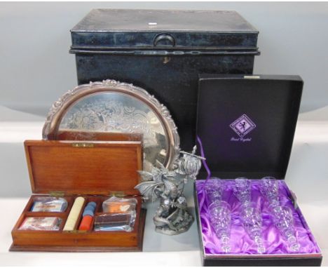 A mixed miscellaneous lot to include a mahogany games box enclosing counters and cards, Edinburgh crystal box six glass set, 