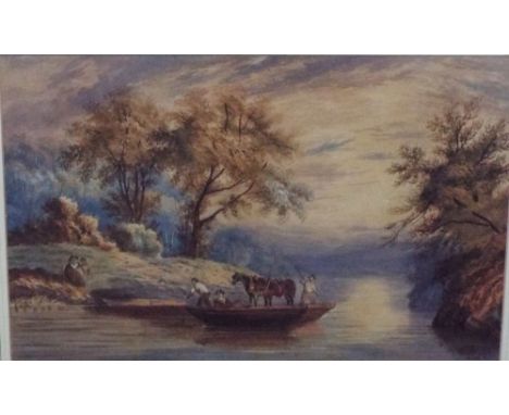 Louisa K Johnson (19th century British School) - A river scene with figures and horses in a punt at a ferry crossing, waterco