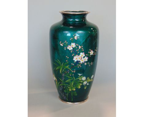 Good quality Japanese cloisonné baluster case with green guilloche enamel on silver with orchid decoration, 26cm high