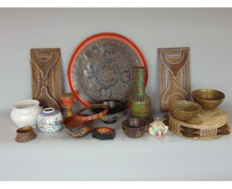 Box containing a collection of interesting Eastern items to include various lacquered wares, Vizagapatam book slides, mother-