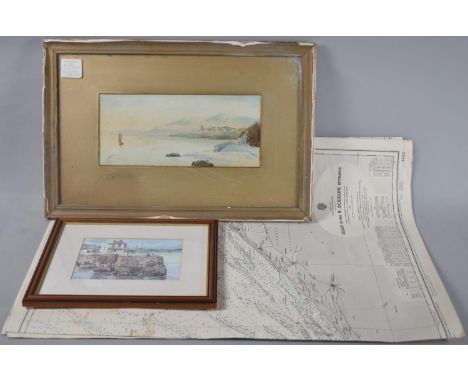 A Framed Watercolour Depicting Scottish Coastline, A Falmouth Print and Three Admiralty Charts 