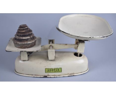 A Set of Vintage Enamelled Kitchen Scales by Harper, With Weights 