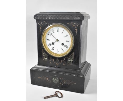 A French Slate Mantel Clock of Architectural Form with Engraved Gilded Decoration and Marble Inlay, 26cms Wide and 34cms High