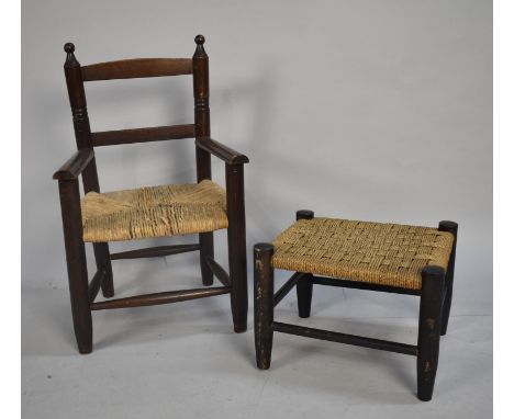 A Childs Rush Seated Ladder Back Armchair together with a Rush Seated Rectangular Stool 