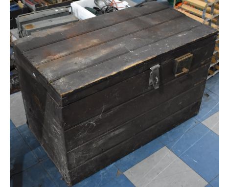 A Vintage Four Plank Topped Stained Pine Tool Chest with Inner Candle Store and Two Drawers now with Mounted Vice, 90x48x56.5
