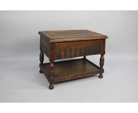 A Mid 20th Century Oak Lift Top Sewing Box with Stretcher Shelf, Hinged Lid to Fitted Interior with Satin Lined Centre Sectio