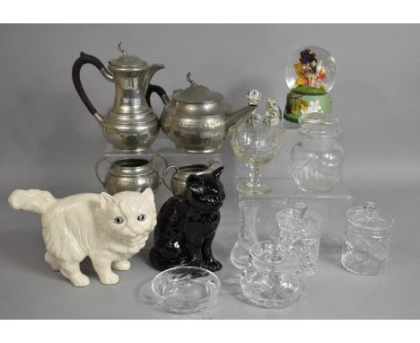 A Four Piece Pewter Tea Set together with various Glass, Pots, Wade Figures, Melba Ware Cat and a Sylvac Black Cat Example 