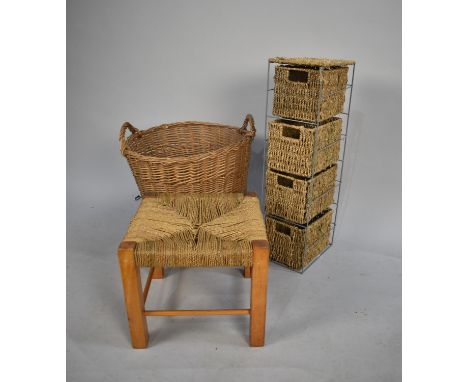 A Circular Wicker Log Basket, 43cms Diameter, A Rush Seated Square Stool and a Four Tier Storage Unit 