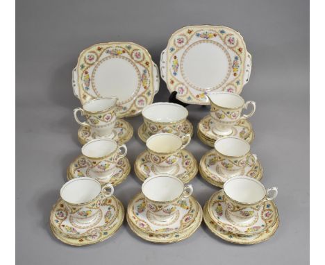 A Crown Staffordshire Floral Swag, Gilt and Cream Inset Bordered Tea Set to Comprise Six Cups, Twelve Saucers, Nine Side Plat