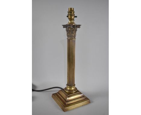 A Vintage Brass Corinthian Column Table Lamp with Reeded Support on Stepped Square Base, 45cms High 