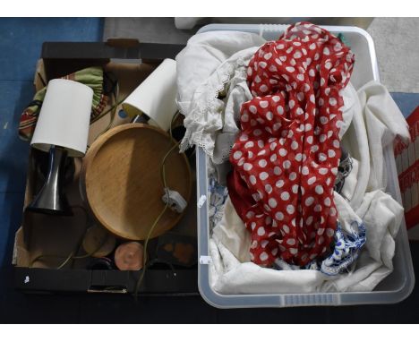 Two Boxes of Various Sundries to comprise Boxes, Table Lamp, Linen Etc 