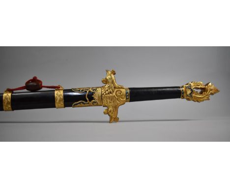 A Modern Reproduction Oriental Sword with Gilt Decoration to Handle and Scabbard, 100cms Long 