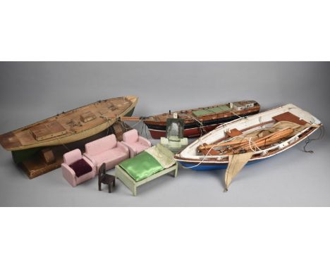 Three Vintage Model Boats, all with Substantial Condition issues, together with a Small Collection of Handmade Wooden Art Dec