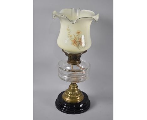 A Late Victorian Oil Lamp with Ribbed Glass Reservoir, Brass Supports with Later Floral Decorated Shade with Wavy Rim, Overal