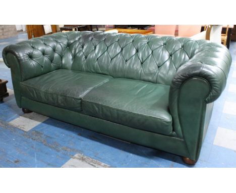 A Large Two Seater Green Leather Effect Button Back Chesterfield Settee 