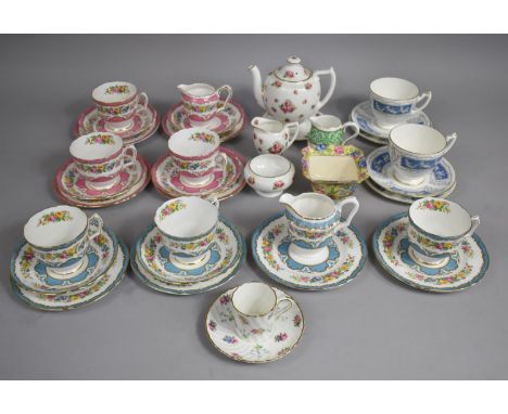 A Collection of Various Teawares to include Tunis Pattern Cups, Saucers and Jugs in Pink and Blue Colourway, Two Coalport Rev