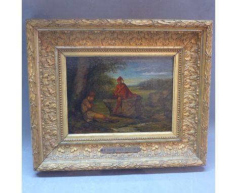 Charles Rochussen (Dutch, 1814-1894), 'Soldier with lance and jester', oil on panel signed lower right, in ornate giltwood ge