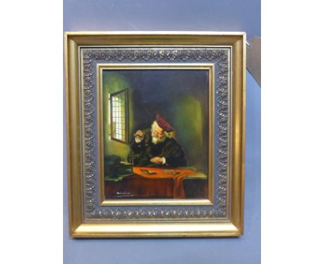 B. Verhoeven (Dutch school), after Salmon Koninck (1609-1656), 'Goudweger', a jeweler wearing gold, oil on panel, signed lowe