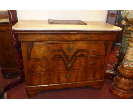 A 19th Century Biedermeier style walnut commode having marble top above four drawers raised on bracket feet, H:92cm W:122cm D