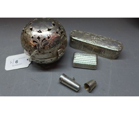 A Dutch silver cheroot box, repousee embossed with children in farmyard scenes, hallmarked, together with a silver vinaigrett