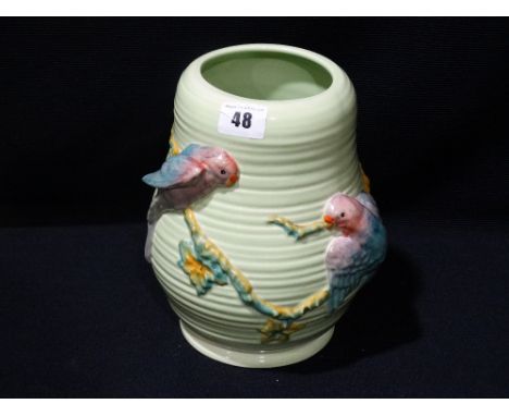     A Clarice Cliff Newport Pottery Moulded Budgerigar Pattern Vase, 8" High        