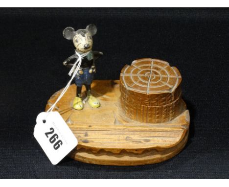     A Cold Painted Early Mickey Mouse Figure Attached To A Wooden Inkwell Base      