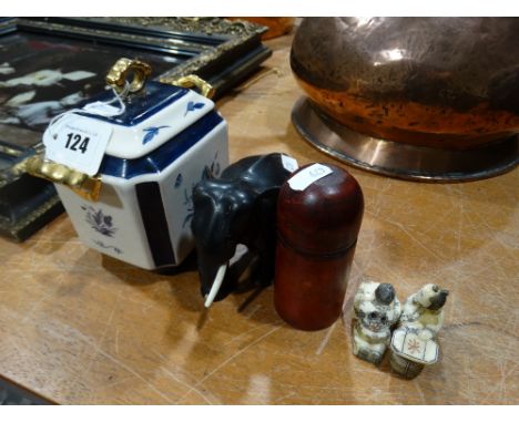     An Ebony Model Elephant, Together With A Screw Top Wooden Bottle Holder Etc (5) 