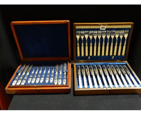     A Twenty-Four Piece Oak Cased Fish Knife &amp; Fork Set, Together With A Twenty- Four Piece Fruit Knife &amp; Fork Set   